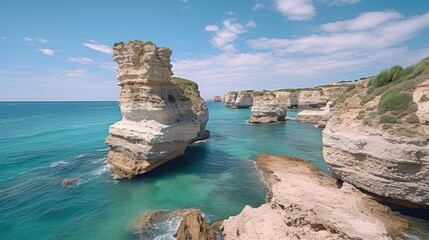 Poster - A scenic view of a large body of water next to a cliff. Perfect for travel brochures