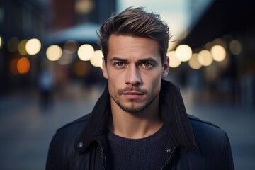 Poster - A man in a black jacket looking directly at the camera. Suitable for various concepts