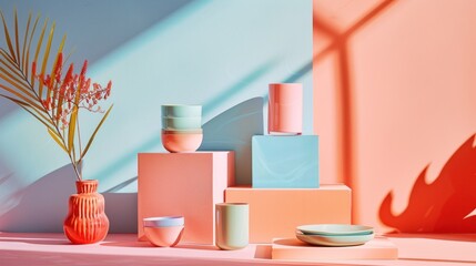 Wall Mural - Summer Vibes with Pastel Product Display - Playful lighting and shadows enhancing a whimsical, geometric shelf with a pastel-colored item.