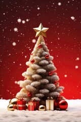 Poster - A festive Christmas tree surrounded by presents in the snow. Perfect for holiday season designs