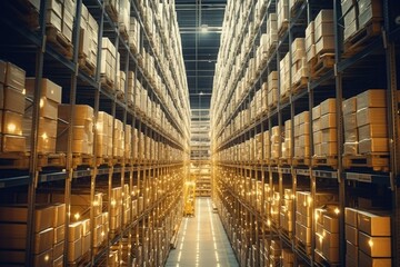 Poster - A large warehouse filled with boxes. Suitable for logistics and storage concepts