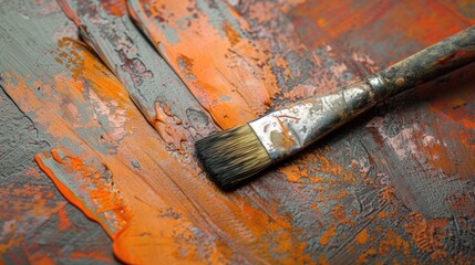 Wall Mural - Close up of a paint brush on a paint palette, ideal for art and creativity concepts