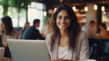 Poster - A woman sitting in front of a laptop computer. Suitable for technology concepts