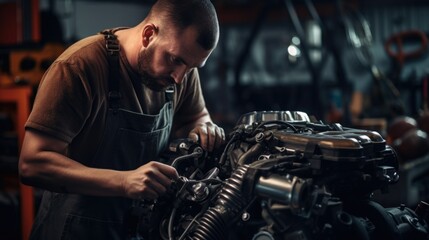 Poster - A man is seen working on a motorcycle in a garage. Ideal for automotive and repair concepts