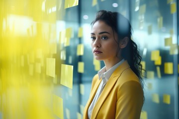 Aufkleber - A woman standing in front of a wall covered in colorful post-it notes. Suitable for business or creative concepts
