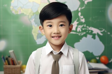 Poster - Young boy dressed up in formal wear standing in front of a map. Suitable for educational or travel concepts