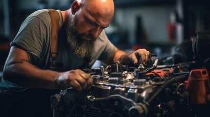 Poster - A man working on an engine in a garage. Suitable for automotive industry