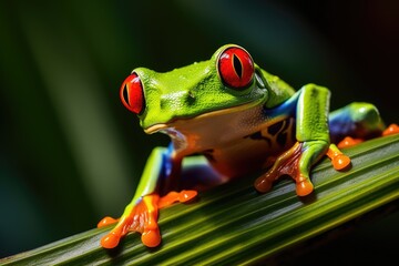 Sticker - A red eyed tree frog sitting on a leaf. Suitable for nature and wildlife concepts