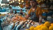Man selling fish and lemons at market for natural foods enthusiasts