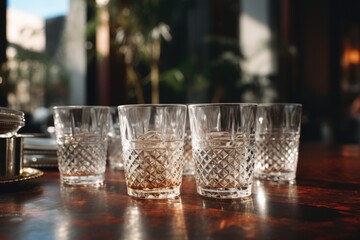 Aufkleber - Group of glasses on a wooden table, suitable for restaurant or kitchen concept