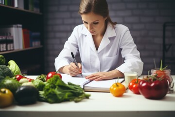Poster - A woman in a lab coat writing on a notebook. Ideal for scientific and research concepts