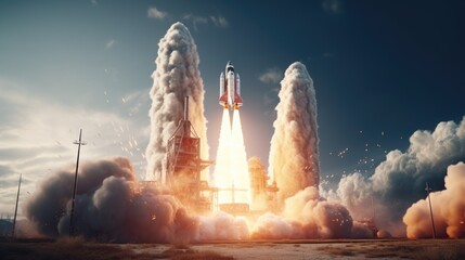 Poster - A rocket taking off into the sky with smoke
