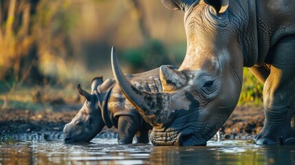 Aufkleber - Mother rhino and her baby drinking water, suitable for wildlife concepts