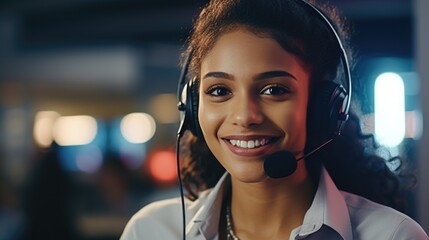 Poster - Woman wearing a headset and smiling. Suitable for customer service concepts