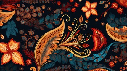 Poster - A pattern of flowers and butterflies on a black background. Suitable for various design projects