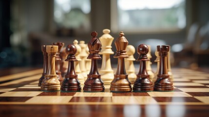 Poster - Close up of a chess board with chess pieces. Suitable for strategy and competition concepts