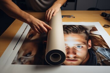 Sticker - Man holding a roll of paper with a picture on it, suitable for various creative projects