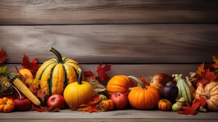 Wall Mural - Various pumpkins and gourds displayed on a table, perfect for fall-themed projects