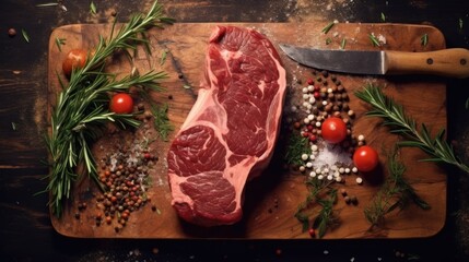 Poster - Raw meat on a cutting board with a knife, suitable for food industry