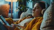 Relaxing with music - Young woman immersing herself in music and videos on her smartphone with wireless headphones at home.