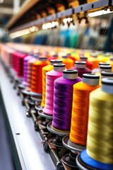 Poster - Row of spools of thread on a machine, ideal for textile industry projects