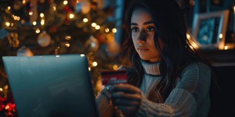 Poster - Woman sitting with laptop and holding credit card, suitable for online shopping concept