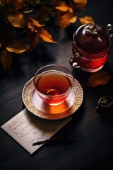 Poster - A cup of tea sitting on a saucer next to a note. Suitable for various projects