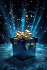Poster - A beautiful blue gift box with a shiny gold bow. Perfect for any special occasion