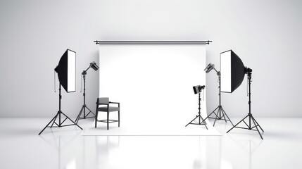 Poster - A photo studio setup with lighting equipment and a chair. Suitable for photography projects