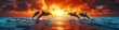 © Ross - Dolphins jumping in sync from ocean water with dramatic sunset sky, vivid orange and red hues creating striking silhouettes