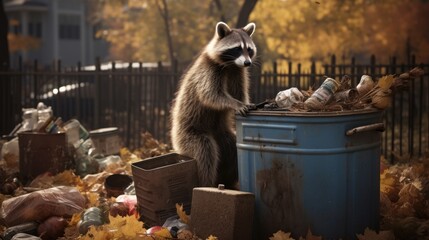 Wall Mural - Cute raccoon with masked face exploring the backyard