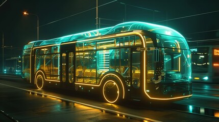 Wall Mural - a bus is driving down the street at night time