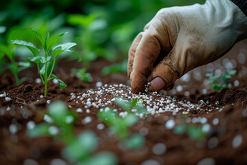 Wall Mural - A gardener inspecting the soil pH and amending it with lime or sulfur for optimal plant growth. Concept of soil pH balance. Generative Ai.