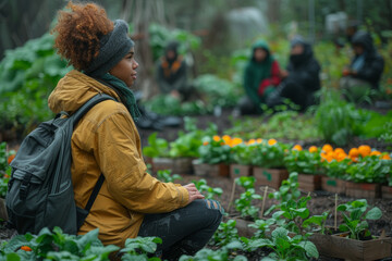 Canvas Print - A person attending a workshop on sustainable gardening practices to adopt eco-friendly habits in outdoor spaces. Concept of sustainable gardening education. Generative Ai.