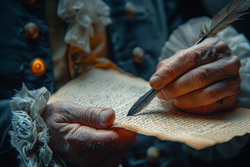 Canvas Print - A person using a quill to write a letter by candlelight, reflecting on the historical significance of written communication. Concept of romantic correspondence. Generative Ai.