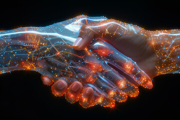 Aufkleber - a holographic handshake between diverse individuals, symbolizing digital collaboration and unity in 