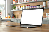 Fototapeta  - Laptop with blank screen on kitchen counter
