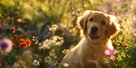 Filhote de golden retriever brincando em um jardim ensolarado com fundo de flores coloridas em foco suave