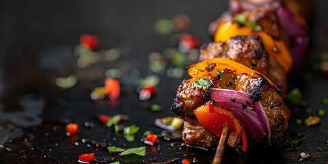 Wall Mural - Kebab Skewer Delight Detailed Shot with Vibrant Vegetables and Meat. Concept Food Photography, Kebab Skewers, Vibrant Ingredients, Detailed Shots, Delicious Meals