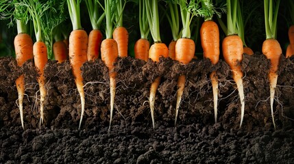 Wall Mural - Close up of carrot plants with roots under the ground