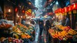 City market stroll enjoying fresh produce, flowers in rain, public space art