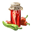 Canned Red hot chili pepper. Hand drawn watercolor illustration, isolated on white background 