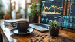 Elegant office desk with 'Business Audit' reports spread out, a cup of coffee, and a digital screen showing stock market insights, blending traditional and modern analysis methods