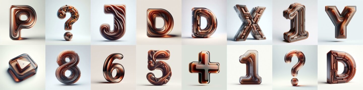 Brown glass 3D Lettering Typeface. AI generated illustration