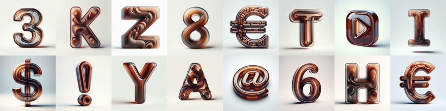 Brown glass 3D Lettering Typeface. AI generated illustration
