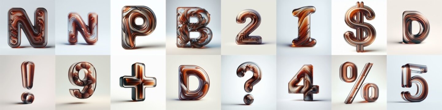 Brown glass 3D Lettering Typeface. AI generated illustration