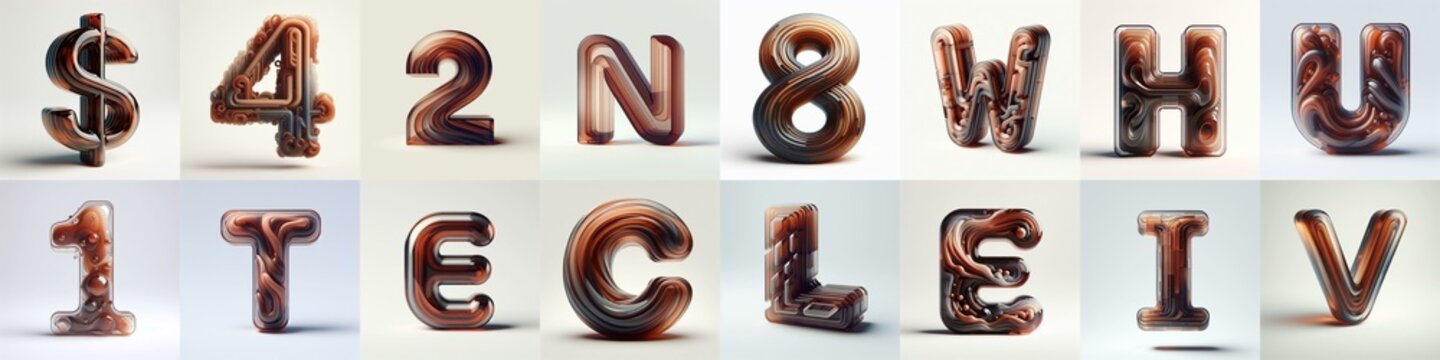 Brown glass 3D Lettering Typeface. AI generated illustration
