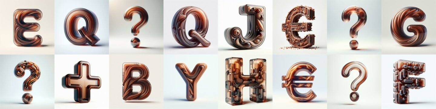 Brown glass 3D Lettering Typeface. AI generated illustration