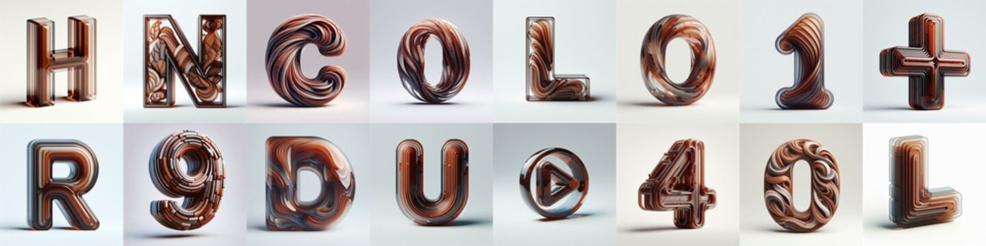 Brown glass 3D Lettering Typeface. AI generated illustration