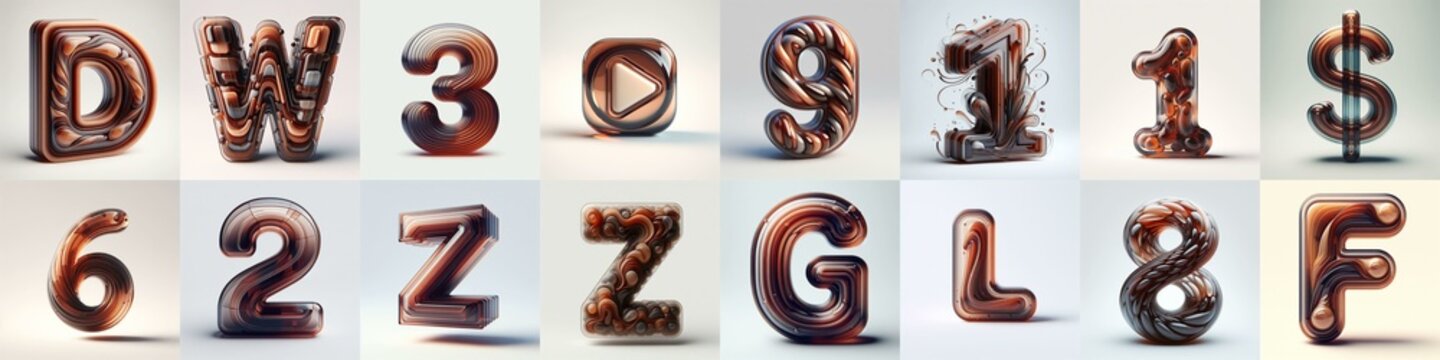 Brown glass 3D Lettering Typeface. AI generated illustration